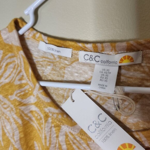 C&C California Linen T-Shirt Sz XS Yellow Leaf Print - Picture 3 of 6